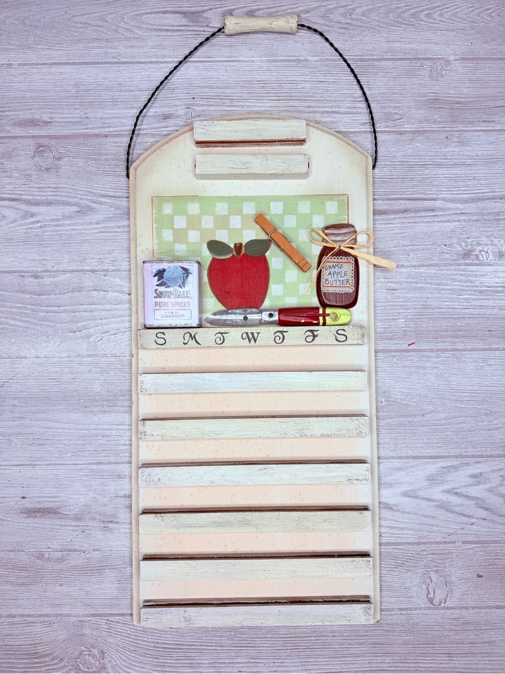 Vintage wooden perpetual calendar pantry item style apple butter spices